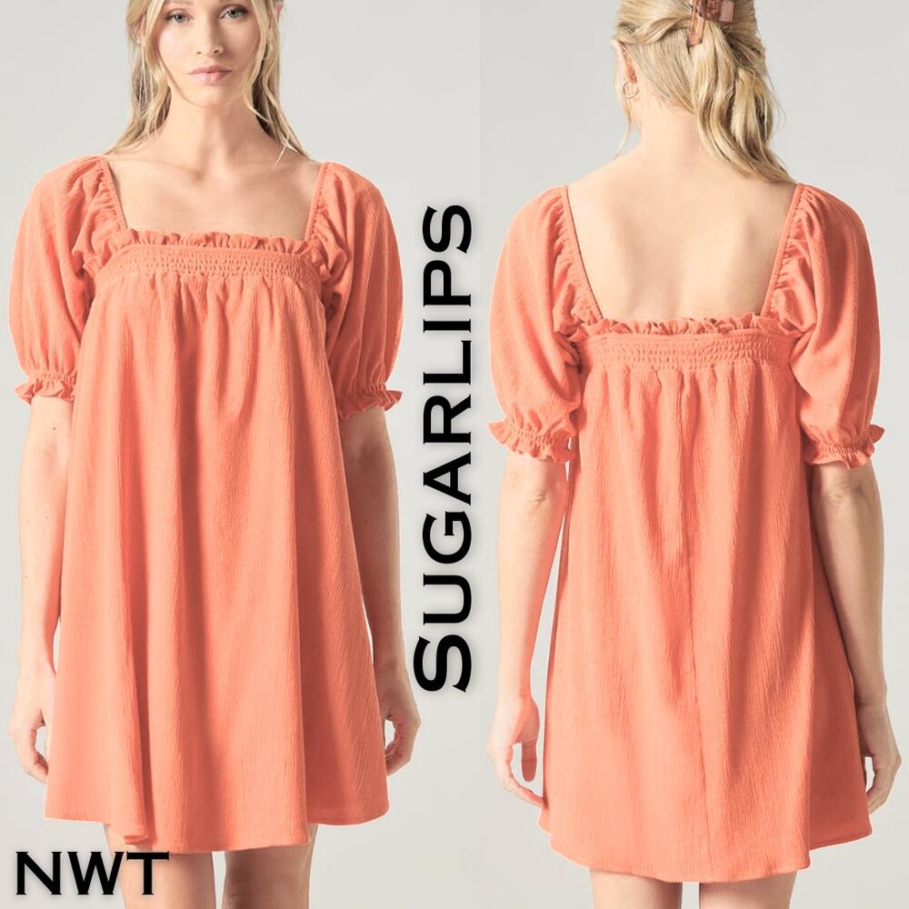 Sugarlips Miss Sunshine Babydoll Minidress Medium Peach Smocked Milkmaid NEW
